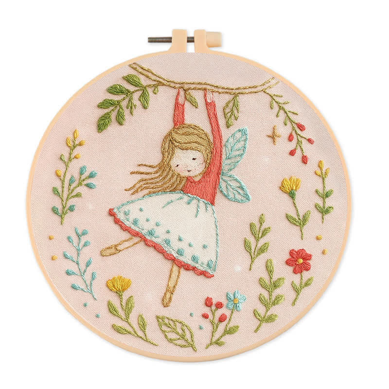 Rubbyoo Embroidery Kit - Swinging on Branch with Floral Surroundings | Little Fairy Pattern - 20*20cm - image 0