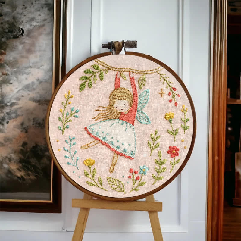 Rubbyoo Embroidery Kit - Swinging on Branch with Floral Surroundings | Little Fairy Pattern - image 1