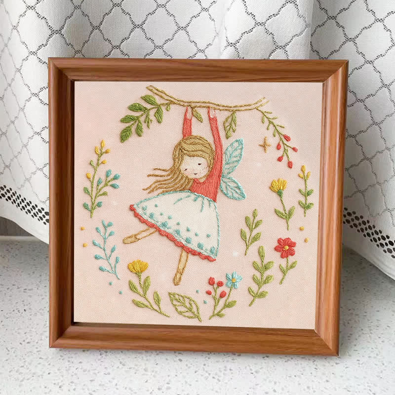 Rubbyoo Embroidery Kit - Swinging on Branch with Floral Surroundings | Little Fairy Pattern - Embroidery Kit Plus An Extra Frame - image 3