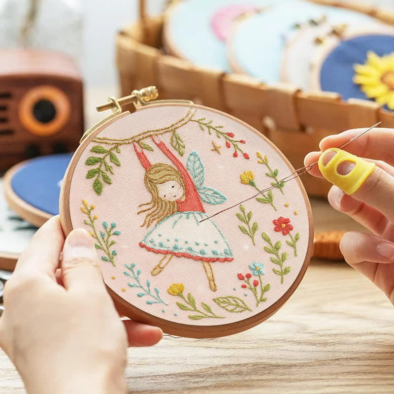 Rubbyoo Embroidery Kit - Swinging on Branch with Floral Surroundings | Little Fairy Pattern - image 2