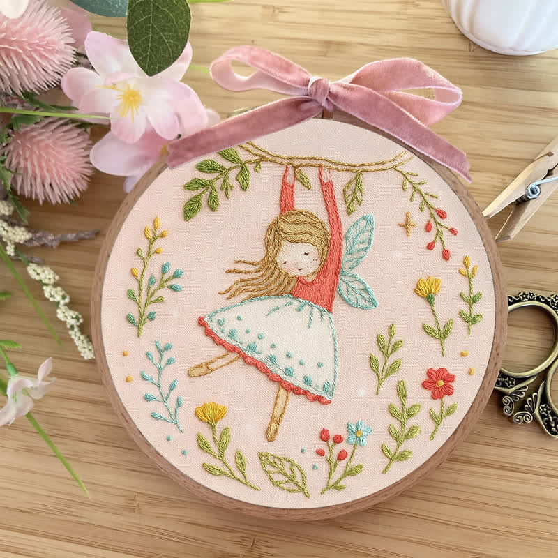 Rubbyoo Embroidery Kit - Swinging on Branch with Floral Surroundings | Little Fairy Pattern - image 6