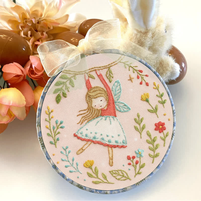 Rubbyoo Embroidery Kit - Swinging on Branch with Floral Surroundings | Little Fairy Pattern - image 4