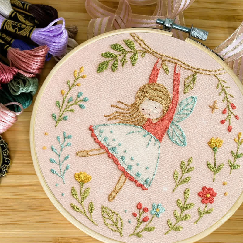Rubbyoo Embroidery Kit - Swinging on Branch with Floral Surroundings | Little Fairy Pattern - image 7