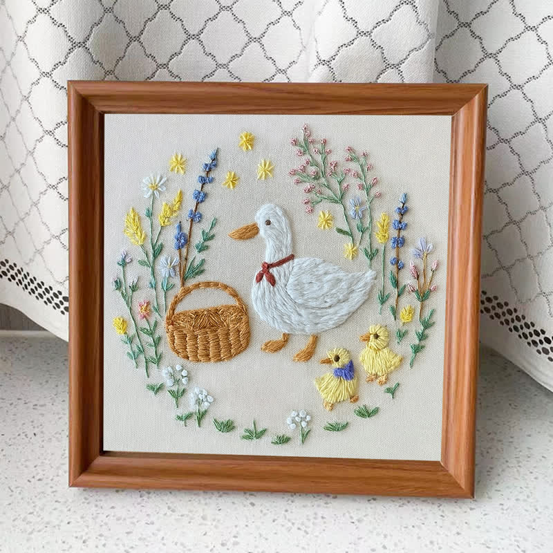 Rubbyoo Embroidery Kit - Spring Picnic Ducks | Cute Ducks Family And Flowers | Easy Hand Craft Kit - Embroidery Kit Plus An Extra Frame - image 3