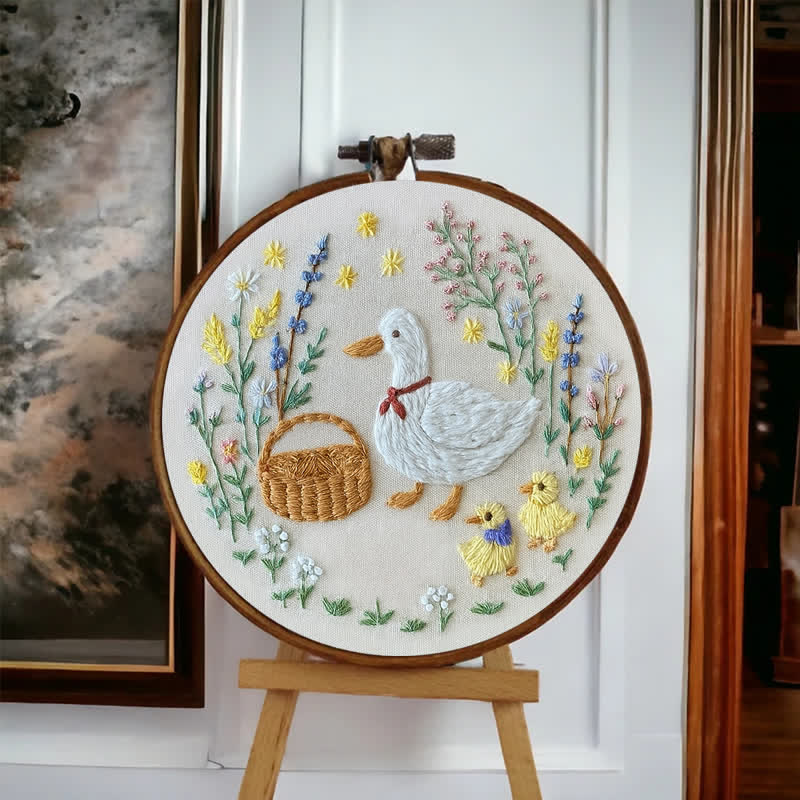 Rubbyoo Embroidery Kit - Spring Picnic Ducks | Cute Ducks Family And Flowers | Easy Hand Craft Kit - image 1