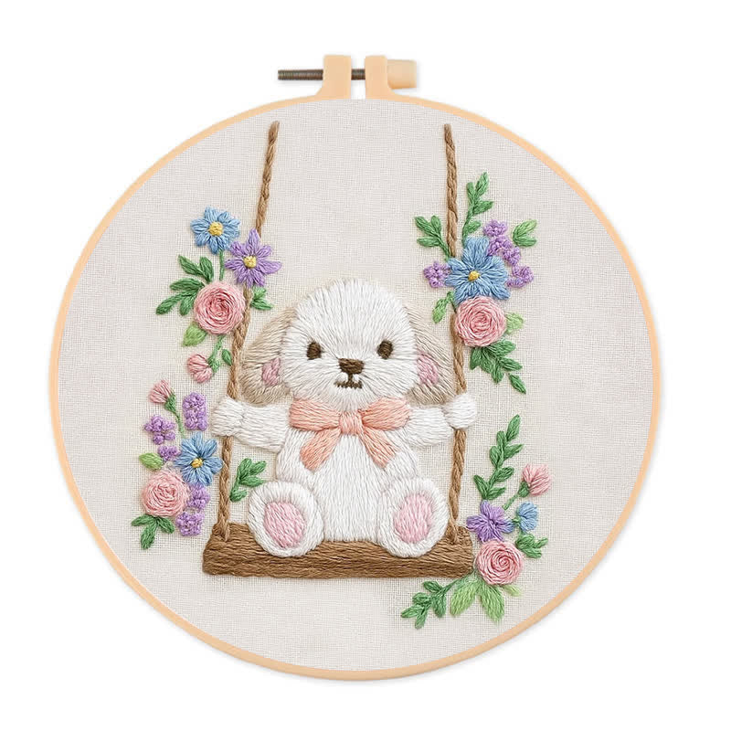 Rubbyoo Embroidery Kit - Swing & Puppy | Cute Dog and Rose | Easy Beginner - 20*20cm - image 0