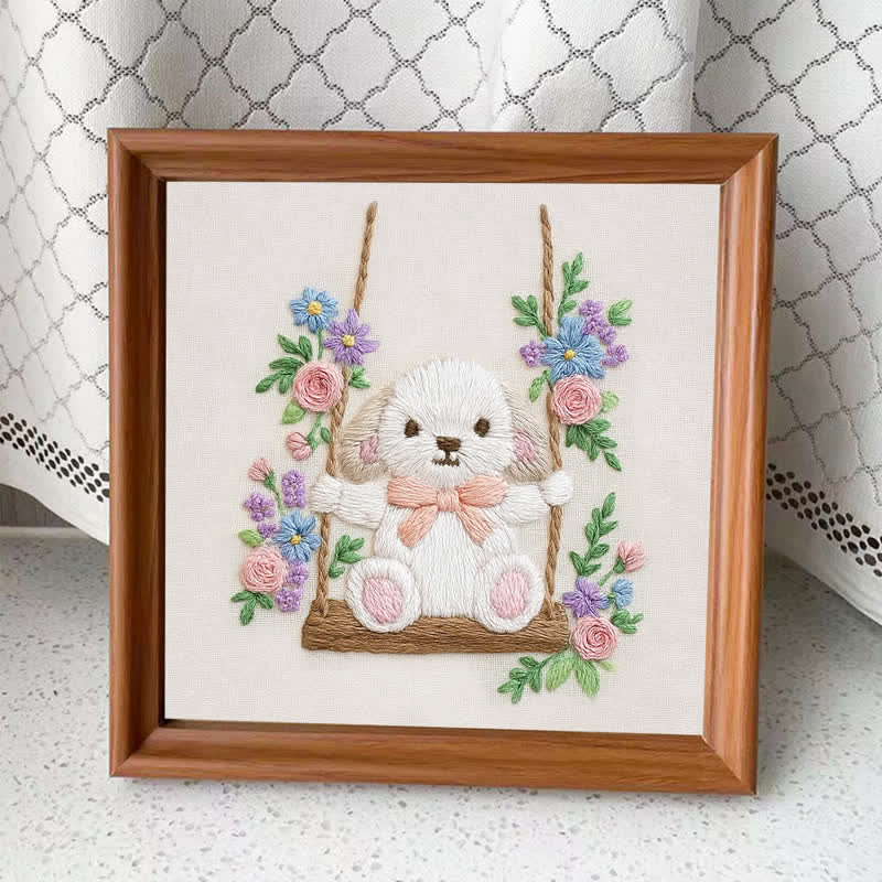 Rubbyoo Embroidery Kit - Swing & Puppy | Cute Dog and Rose | Easy Beginner - Embroidery Kit Plus An Extra Frame - image 4