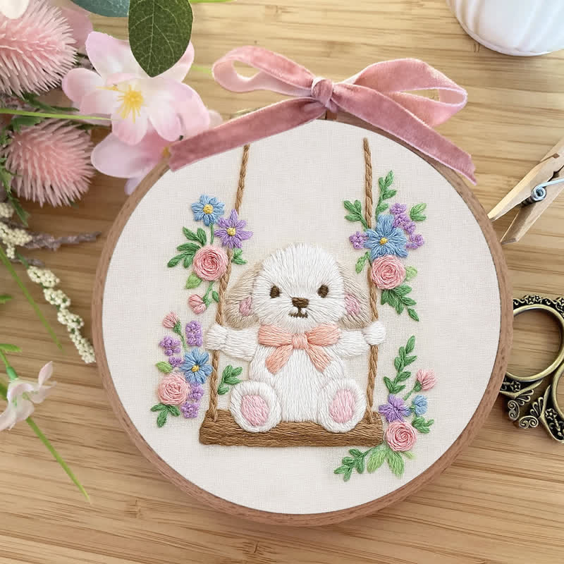 Rubbyoo Embroidery Kit - Swing & Puppy | Cute Dog and Rose | Easy Beginner - image 1
