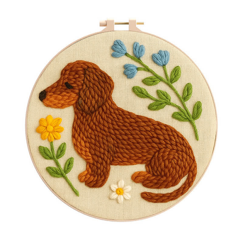 Floral Dachshund Punch Needle  Kit - Yarn Craft | Handmade At Home | Personalised Gift - 20cm*20cm - image 0