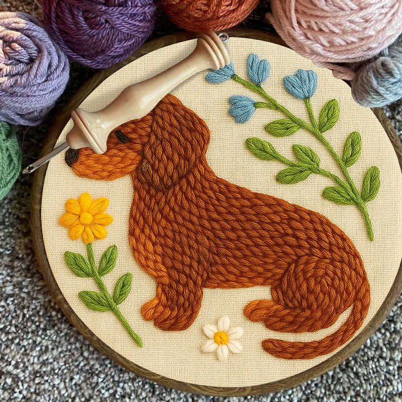 Floral Dachshund Punch Needle  Kit - Yarn Craft | Handmade At Home | Personalised Gift - image 1