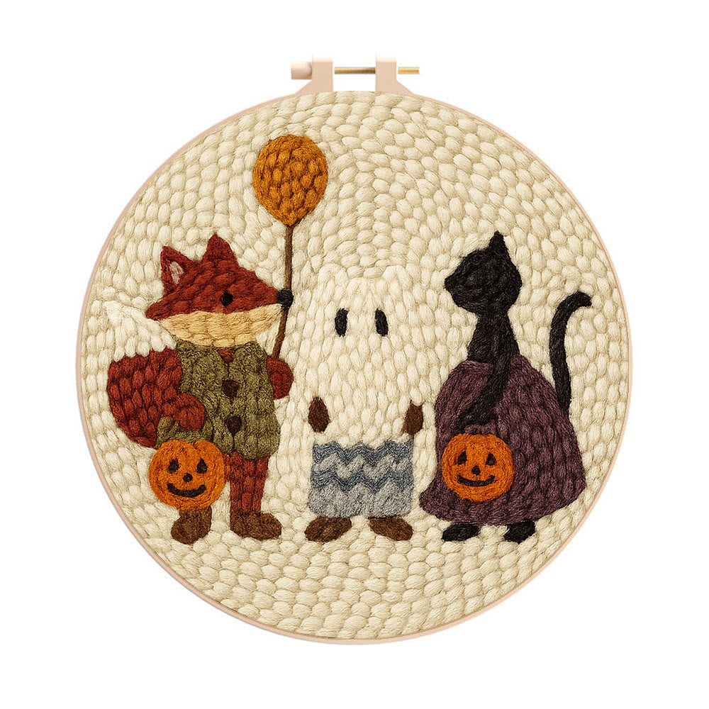 Halloween Black Cat And Fox Punch Needle  Kit - Animal Yarn Artwork | Easy Handmade Craft - 20cm*20cm - image 0