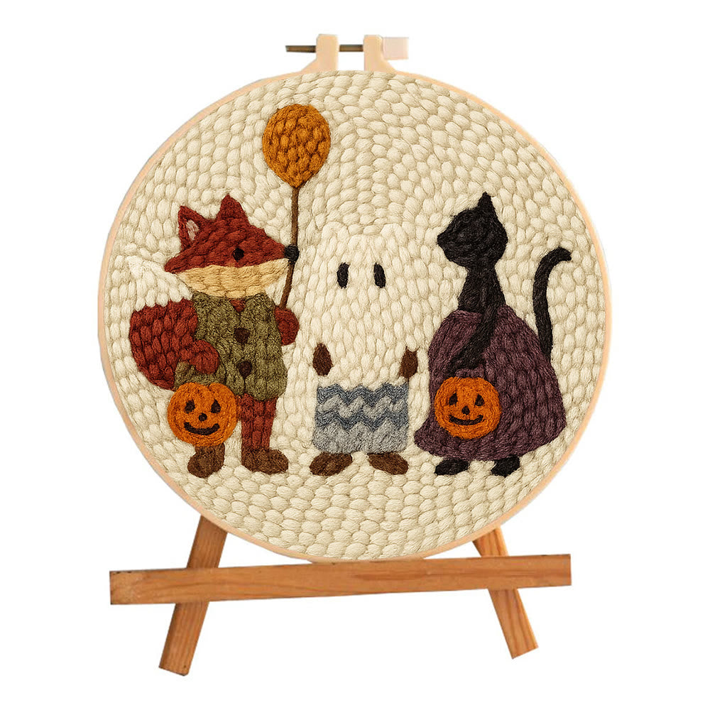 Halloween Black Cat And Fox Punch Needle  Kit - Animal Yarn Artwork | Easy Handmade Craft - image 1
