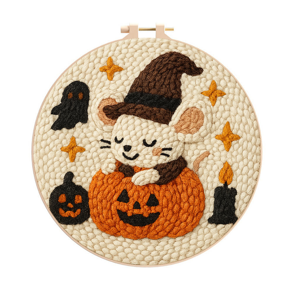 Pumpkin Mouse Punch Needle  Kit - Adorable Animal Craft | Spooky Halloween Decor - 20cm*20cm - image 0