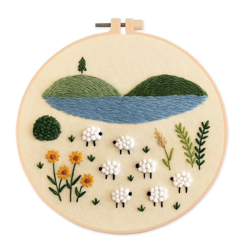 Rubbyoo Embroidery Kit - Sheep By The Lake | Perfect As Desktop Decorations | Diy Handicraft - 20*20cm - image 0
