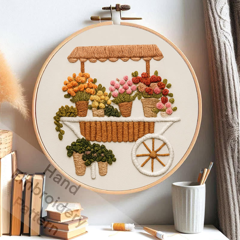Rubbyoo Embroidery Kit - Charming Flower Cart | Floral Handmade Craft | Nice Wall Decor - image 1