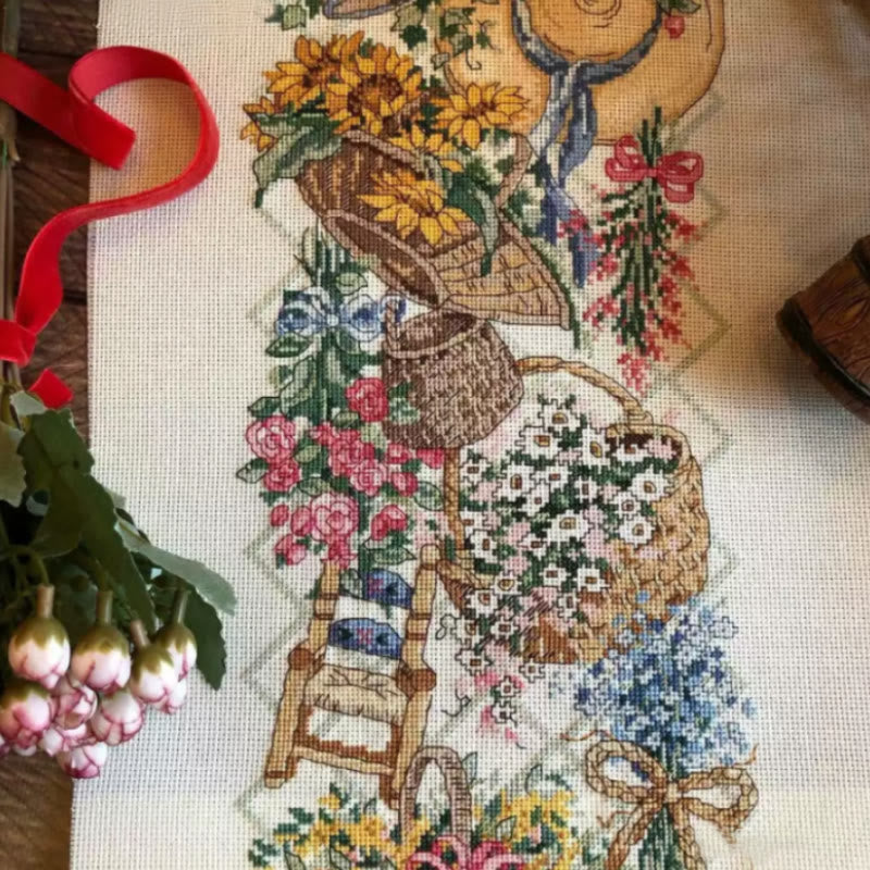 Cross Stitch Kit - Sping Flower Basket | Floral Handmade Craft | Nice For Flower Lovers - image 1