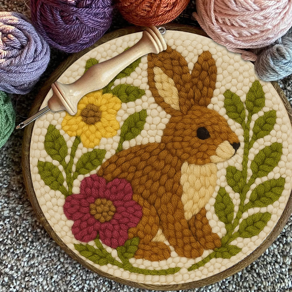 Flower Bunny Punch Needle Kit - Easy Animal Needlework |  Diy Yarn Craft - image 1