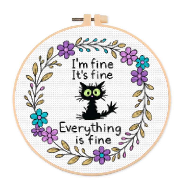 Cross Stitch Kit - " I'm Fine" Cat | Easy Needlecraft  For Beginner | Perfect As Desktop Decoration - 20×20cm - image 0