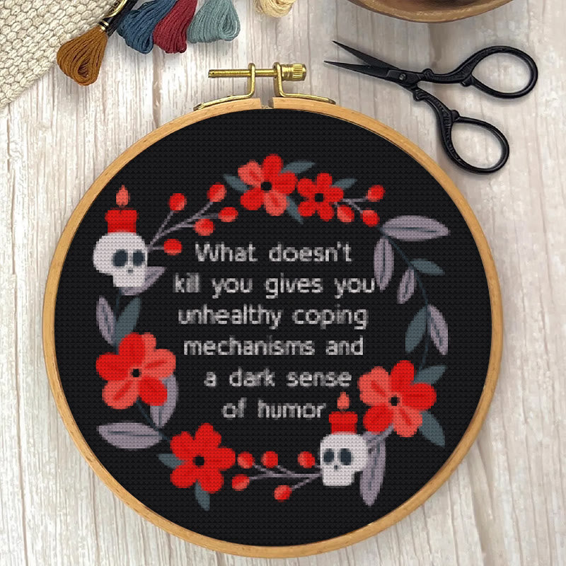 Cross Stitch Kit - Flowers And Skulls | Funny Dark Humor Handicraft | Sarcastic Wall Artwork  - image 2