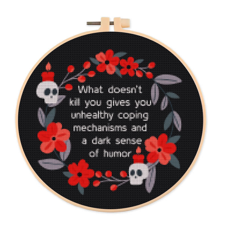 Cross Stitch Kit - Flowers And Skulls | Funny Dark Humor Handicraft | Sarcastic Wall Artwork  - 20×20cm - image 0