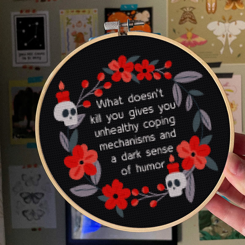 Cross Stitch Kit - Flowers And Skulls | Funny Dark Humor Handicraft | Sarcastic Wall Artwork  - image 1