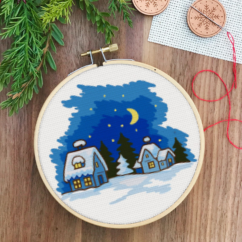 Cross Stitch Kit - Late Night Town | Landscape Stitch Artwork | Unique Wall Hanging - image 1
