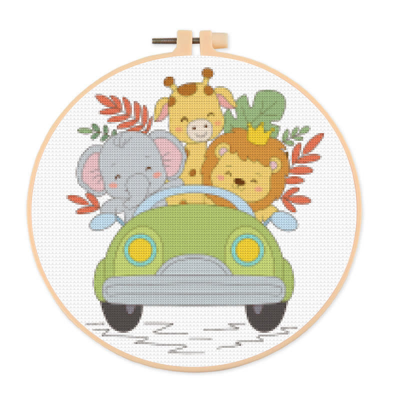 Cross Stitch Kit - Animal Car Travel | Adorable Handmade Needlepoint | Nice For Animal Lovers - 20×20cm - image 0