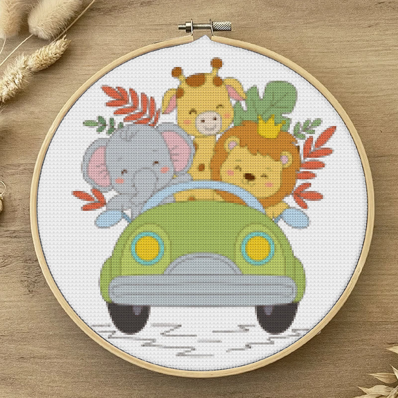 Cross Stitch Kit - Animal Car Travel | Adorable Handmade Needlepoint | Nice For Animal Lovers - image 1