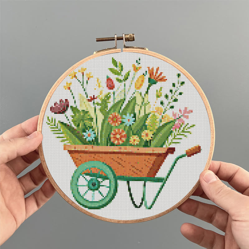 Cross Stitch Kit - Blooming Flower Wheelbarrow | Diy Handmade Craft | Unique Room Ornament   - image 3