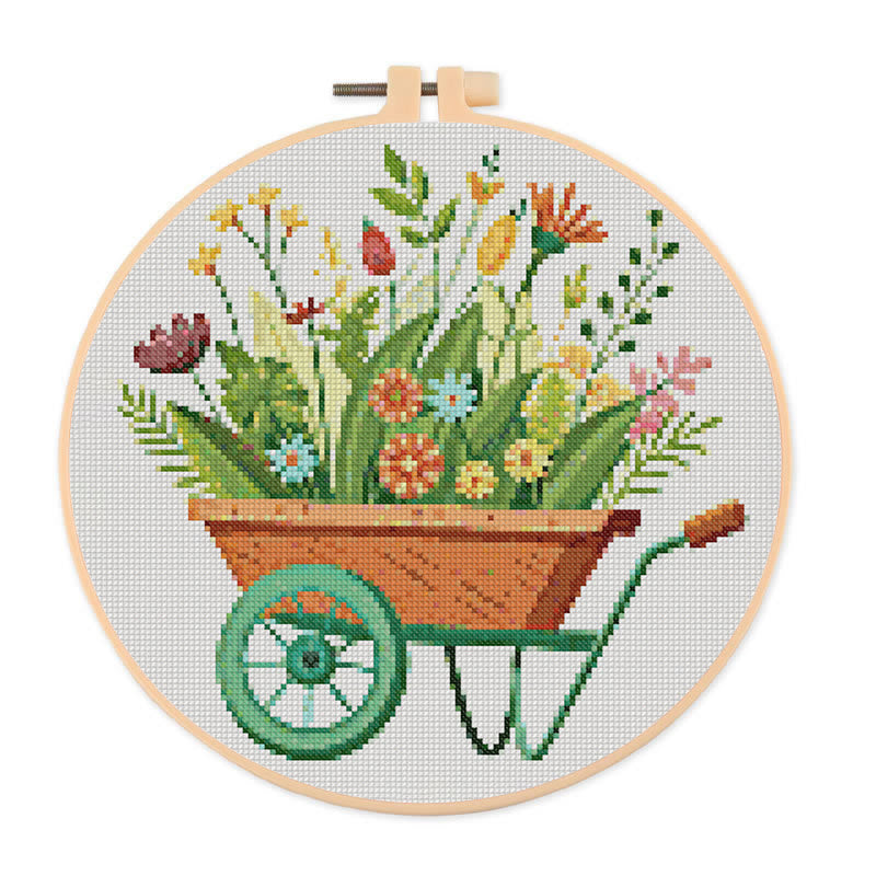 Cross Stitch Kit - Blooming Flower Wheelbarrow | Diy Handmade Craft | Unique Room Ornament   - 20×20cm - image 0
