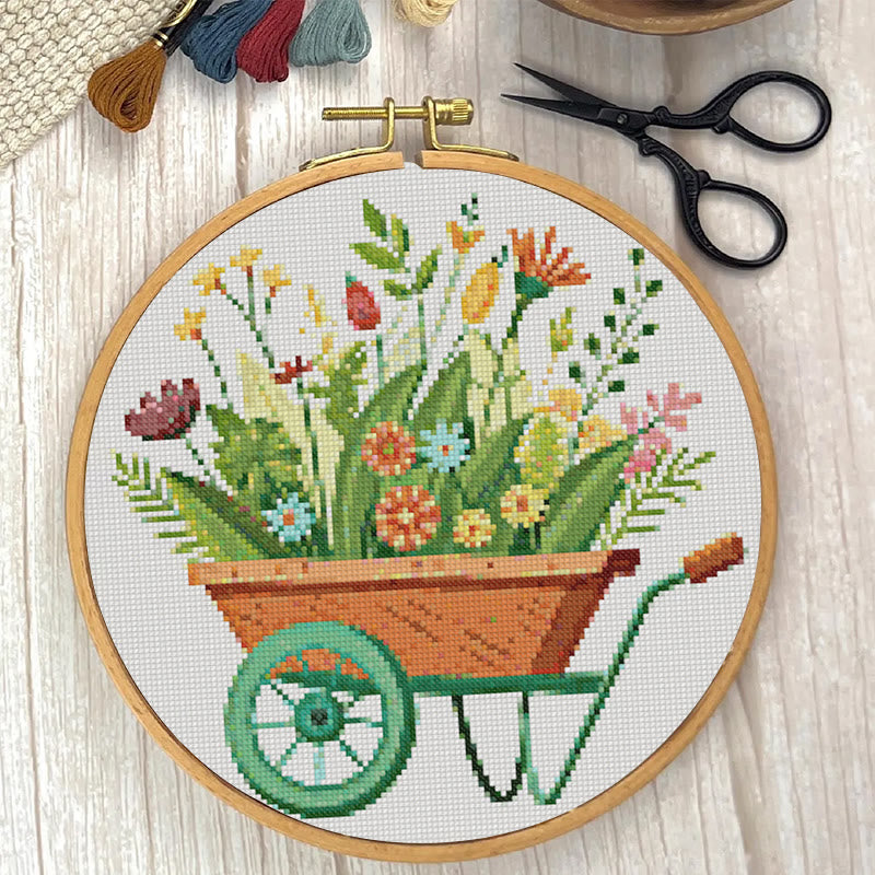 Cross Stitch Kit - Blooming Flower Wheelbarrow | Diy Handmade Craft | Unique Room Ornament   - image 1