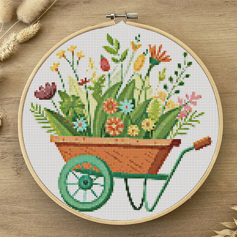 Cross Stitch Kit - Blooming Flower Wheelbarrow | Diy Handmade Craft | Unique Room Ornament   - image 4