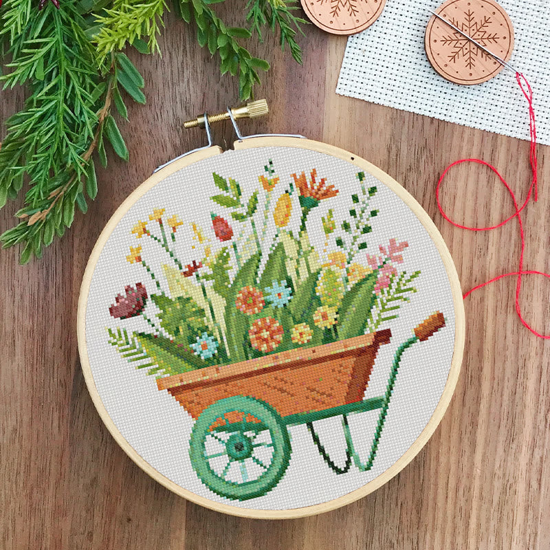 Cross Stitch Kit - Blooming Flower Wheelbarrow | Diy Handmade Craft | Unique Room Ornament   - image 2