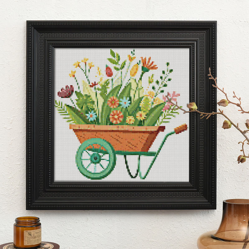 Cross Stitch Kit - Blooming Flower Wheelbarrow | Diy Handmade Craft | Unique Room Ornament   - image 9