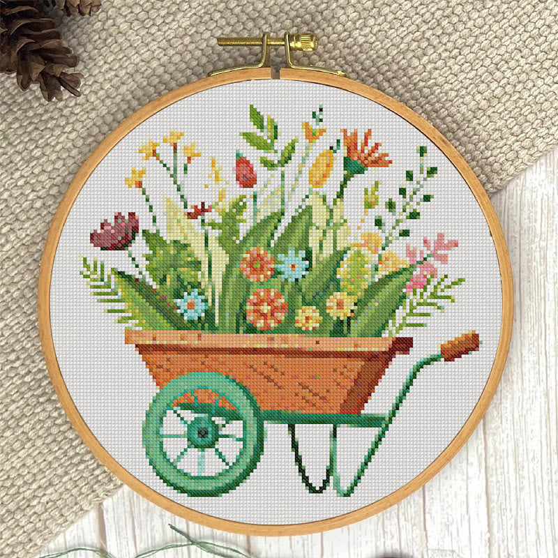 Cross Stitch Kit - Blooming Flower Wheelbarrow | Diy Handmade Craft | Unique Room Ornament   - image 6