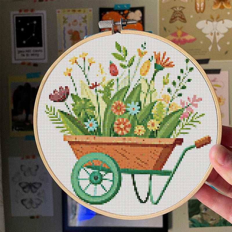Cross Stitch Kit - Blooming Flower Wheelbarrow | Diy Handmade Craft | Unique Room Ornament   - image 7