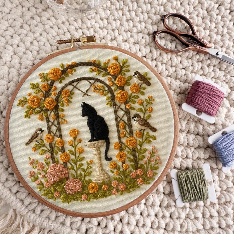 Rubbyoo Embroidery Kit - Cat With Blooming Flowers | Handicraft For Wedding Gifts | Perfect As Room Decor - image 1