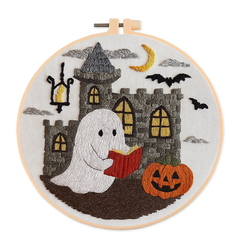 Rubbyoo Embroidery Kit - Halloween Reading Ghost | Creative Wall Hanging | Diy Halloween Decor - 20*20cm - image 0