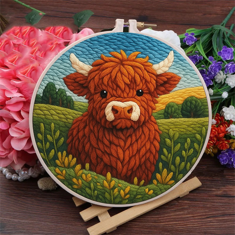 Highland Cow In Field Punch Needle Kit - Handmade Animal Craft | Nice Wall Hanging Decor - image 1