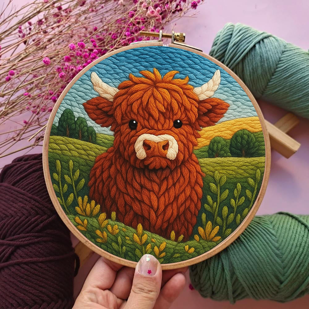 Highland Cow In Field Punch Needle Kit - Handmade Animal Craft | Nice Wall Hanging Decor - image 3