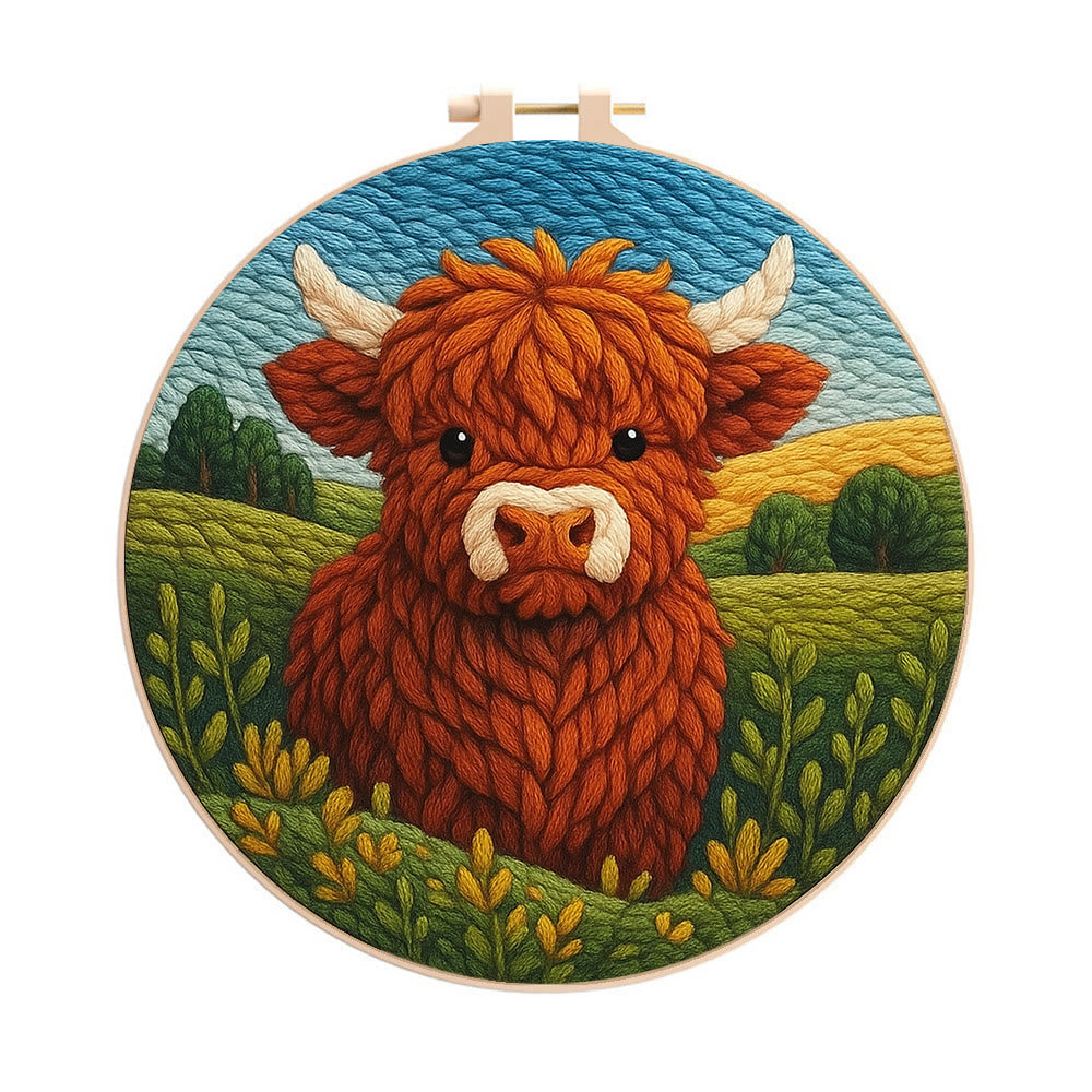 Highland Cow In Field Punch Needle Kit - Handmade Animal Craft | Nice Wall Hanging Decor - 20cm*20cm - image 0
