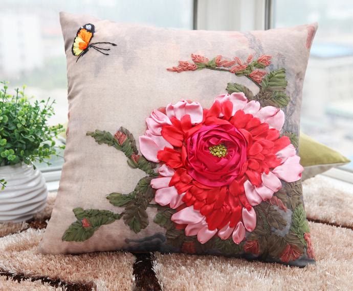 Embroidered Ribbon Floral Pillow Case Kits | Charming Handicraft For Mom | Floral Room Decoration Gifts - image 0