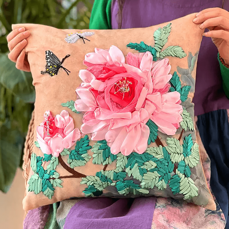 Embroidered Ribbon Floral Pillow Case Kits | Charming Handicraft For Mom | Floral Room Decoration Gifts - Pink - image 5