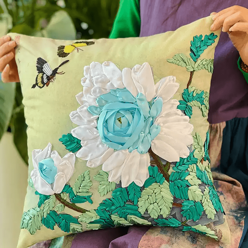 Embroidered Ribbon Floral Pillow Case Kits | Charming Handicraft For Mom | Floral Room Decoration Gifts - White - image 3