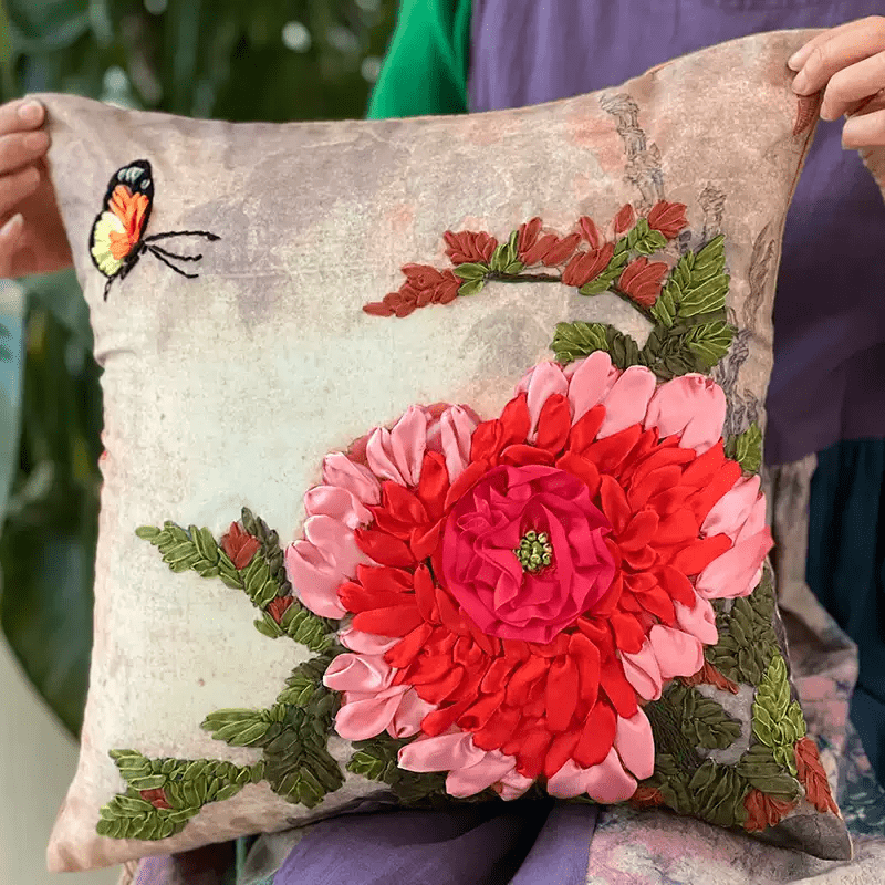 Embroidered Ribbon Floral Pillow Case Kits | Charming Handicraft For Mom | Floral Room Decoration Gifts - Red - image 4