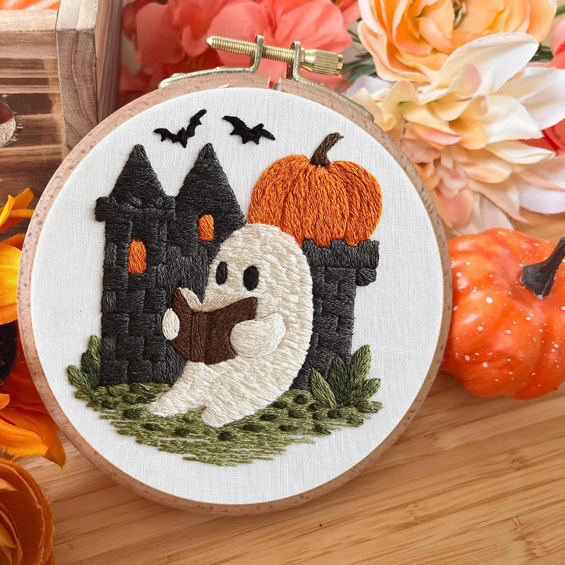 Rubbyoo Embroidery Kit - Halloween Reading Ghost | Spooky Handicraft For Halloween | Nice Artwork For Home Decor - image 1