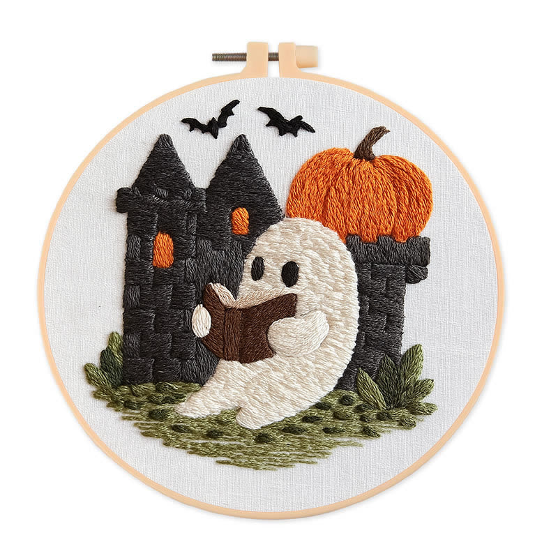 Rubbyoo Embroidery Kit - Halloween Reading Ghost | Spooky Handicraft For Halloween | Nice Artwork For Home Decor - 20*20cm - image 0