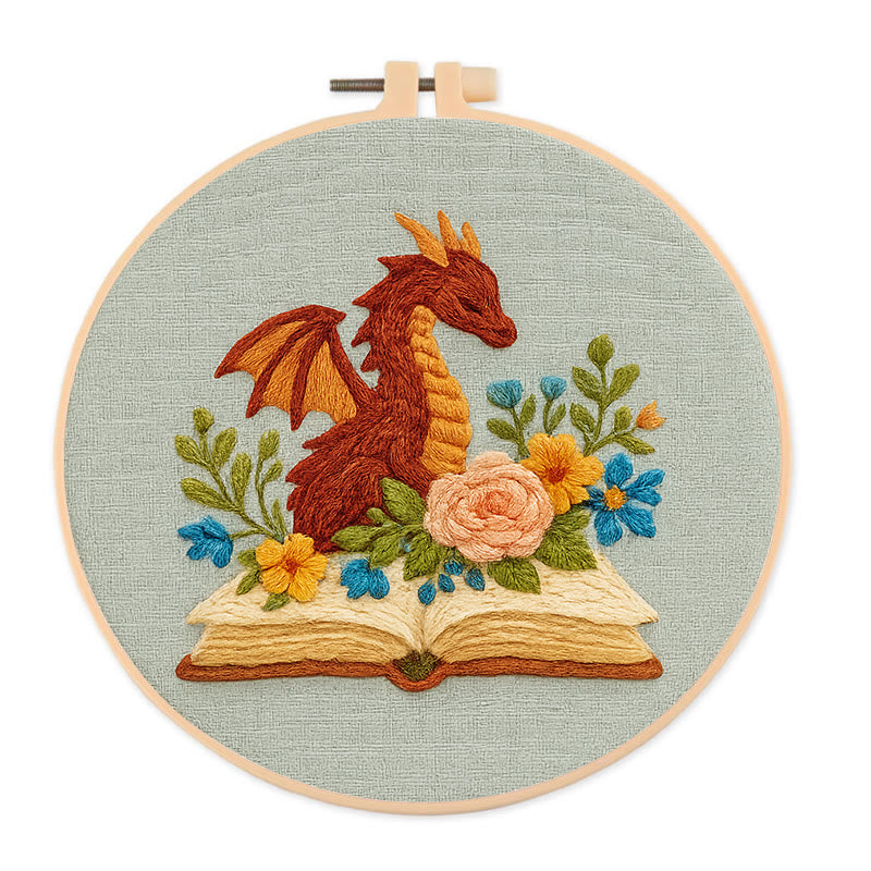 Rubbyoo Embroidery Kit - Dragon With Floral Books | Beginner Friendly Artwork | Unique Animal Collection  - 20*20cm - image 0