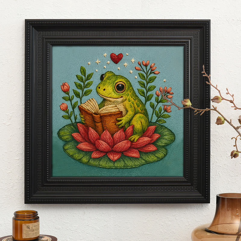 Rubbyoo Embroidery Kit - Reading Frog With Lotus | Creative Needle Artwork | Diy Handmade Gifts - Embroidery Kit Plus An Extra Frame - image 2