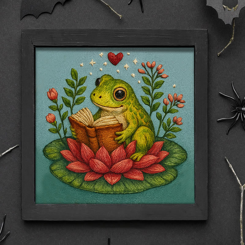 Rubbyoo Embroidery Kit - Reading Frog With Lotus | Creative Needle Artwork | Diy Handmade Gifts - image 1